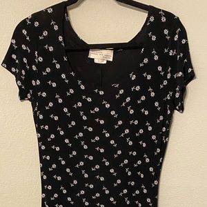Vintage 90s Daisy Floral Stretchy Maxi Black Dress Cap Sleeve Benson and Smith L
